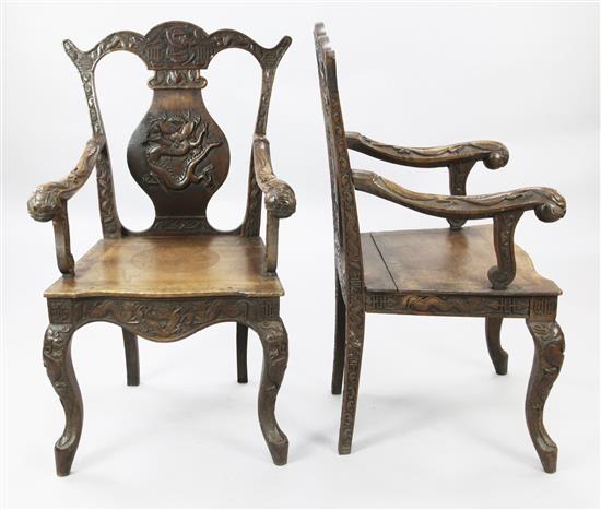 A pair of Burmese export hardwood elbow chairs, late 19th century,